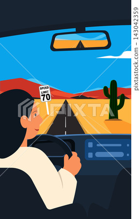 Woman driving car on desert highway vector illustration Woman driving car on desert highway vector illustration 143042359