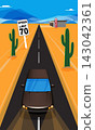 Car driving on desert highway with cactus vector illustration 143042361