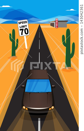 Car driving on desert highway with cactus vector illustration Car driving on desert highway with cactus vector illustration 143042361