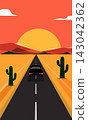 Car driving into sunset on desert road vector illustration 143042362