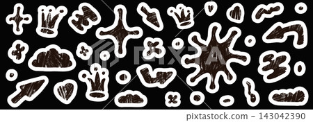 Rough cutout shapes with charcoal grunge texture and crayon doodle marks. Naive scrapbook cutout elements and geometric paper collage on black background. Vector sticker set of grunge shape for promo Rough cutout shapes with charcoal grunge texture and crayon doodle marks. Naive scrapbook cutout elements and geometric paper collage on black background. Vector sticker set of grunge shape for promo 143042390