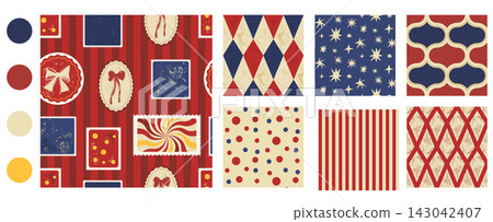Carnival seamless pattern set with coordinated circus repeats. Red navy Christmas artwork blends argyle postage and polkadot motifs. Aged vector seamless collection for textile or paper goods bg Carnival seamless pattern set with coordinated circus repeats. Red navy Christmas artwork blends argyle postage and polkadot motifs. Aged vector seamless collection for textile or paper goods bg 143042407