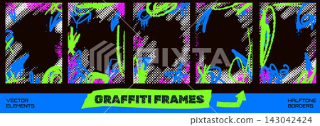 Bold spraypaint frames with graffiti grunge scribbles for street poster. Urban wall paint borders in a green, blue and pink on halftone background. Vector frame templates with neon spraypaint texture Bold spraypaint frames with graffiti grunge scribbles for street poster. Urban wall paint borders in a green, blue and pink on halftone background. Vector frame templates with neon spraypaint texture 143042424