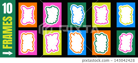 Funky frame with wavy organic shapes on rectangle for groovy quotation text box and bold poster card. Organic scallop border for photo and retro neon colors cadre. Vector fun cloud wave frames set Funky frame with wavy organic shapes on rectangle for groovy quotation text box and bold poster card. Organic scallop border for photo and retro neon colors cadre. Vector fun cloud wave frames set 143042428