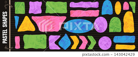 Playful element set with crayon texture and irregular edges. Bright pastel triangle, arc forms create colorful frames and labels. Kids element vector for scrapbook layout or callout frames design bg Playful element set with crayon texture and irregular edges. Bright pastel triangle, arc forms create colorful frames and labels. Kids element vector for scrapbook layout or callout frames design bg 143042429