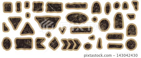 Rectangle geometric set with cardboard shapes and beige cut edges. Square pieces include triangles and arrows with grain. Geometric vector for scrapbook layout or stationery design or sale tag Rectangle geometric set with cardboard shapes and beige cut edges. Square pieces include triangles and arrows with grain. Geometric vector for scrapbook layout or stationery design or sale tag 143042430