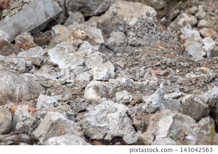 Closeup view of a pile of concrete rubble and mixed debris Closeup view of a pile of concrete rubble and mixed debris 143042563