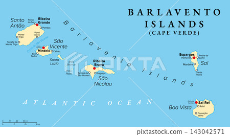 Barlavento Islands of Cape Verde (Cabo Verde), political map, with capitals and largest settlements. Northern windward group of Cape Verde archipelago in the Atlantic off the coast of Africa. Vector 143042571