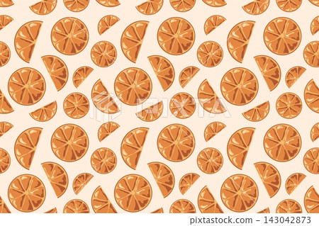 Cozy Christmas orange slices seamless pattern on beige background. Minimalist citrus fruit vector texture for winter holiday packaging Cozy Christmas orange slices seamless pattern on beige background. Minimalist citrus fruit vector texture for winter holiday packaging 143042873