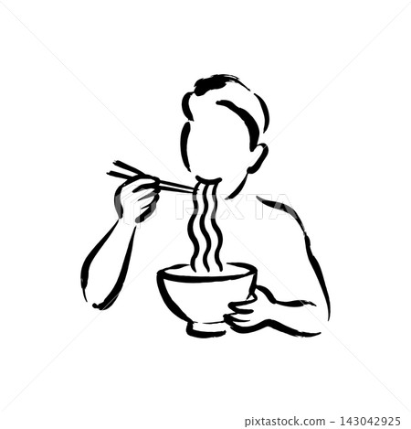 Hand Drawn Icon of Person Eating Noodles from Bowl 143042925