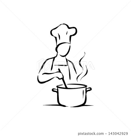 Hand Drawn Icon of Chef Stirring Soup 143042929