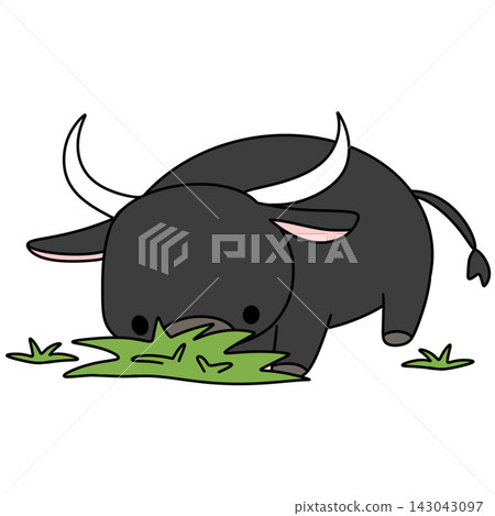 Cartoon bison grazes peacefully on green grass 143043097