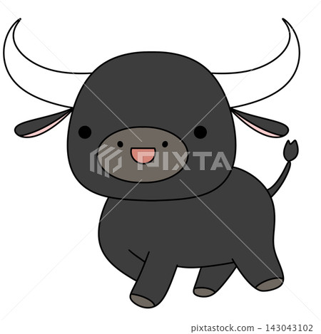 Cute cartoon bull with large curved horns and a happy smile Cute cartoon bull with large curved horns and a happy smile 143043102