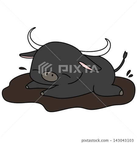Dark buffalo rests in muddy puddle Dark buffalo rests in muddy puddle 143043103