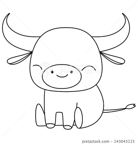 Cute cartoon bull sits calmly with smiling face Cute cartoon bull sits calmly with smiling face 143043115