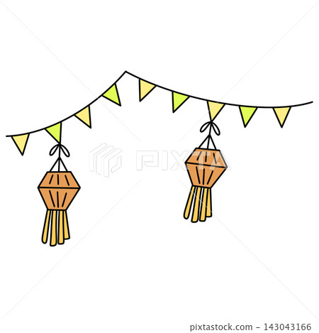 Bright yellow flags dangle from a curved string Bright yellow flags dangle from a curved string 143043166
