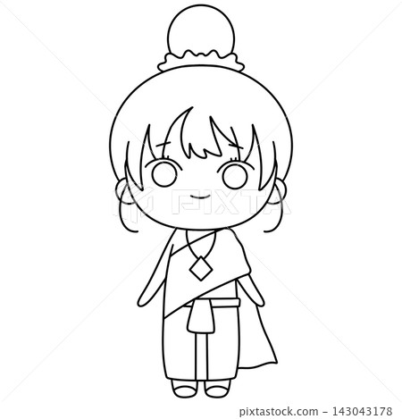 Cute character wears traditional outfit with flowing robe Cute character wears traditional outfit with flowing robe 143043178