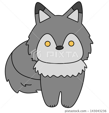 Cute cartoon fox with soft grey fur and bright yellow eyes 143043236