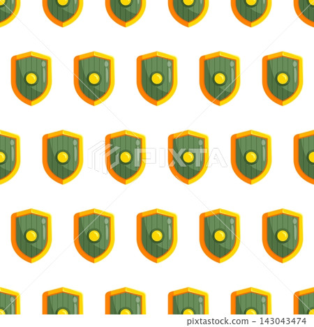 Seamless pattern with green cartoon medieval shields, ideal for fantasy, gaming and heraldry-themed textiles, wallpaper and packaging design. Seamless pattern with green cartoon medieval shields, ideal for fantasy, gaming and heraldry-themed textiles, wallpaper and packaging design. 143043474
