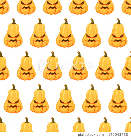 Seamless pattern with stylized farm Halloween pumpkins, perfect for seasonal decor, party supplies, kids' products and October-themed textile design. 143043488