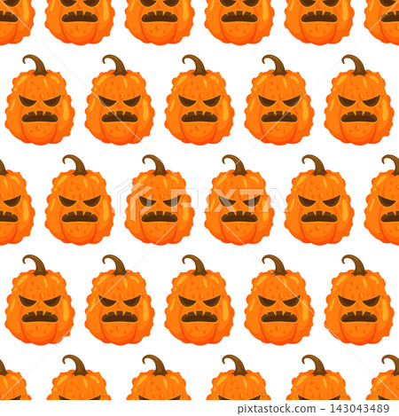 Seamless pattern with whimsical carved Halloween pumpkins, perfect for seasonal decor, party supplies, kids' products and October-themed textile design. Seamless pattern with whimsical carved Halloween pumpkins, perfect for seasonal decor, party supplies, kids' products and October-themed textile design. 143043489