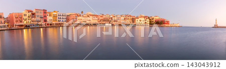 Panoramic View of Chania Venetian Harbor at Sunrise, Crete, Greece Panoramic View of Chania Venetian Harbor at Sunrise, Crete, Greece 143043912