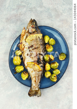 Fried Trout with Brussels Sprouts. Fried Trout with Brussels Sprouts. 143044064