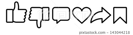 Like, dislike, comment, love, share and  save icons. Thumbs up, down, heart, send arrow and chat bubble symbol. 143044218