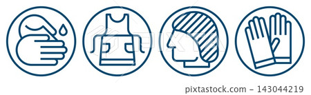 Wash your hands, safety apron and hair net fitting, putting on nitrile gloves must be worn sign. Food industry infographics. Food manufacturing instructions symbols. Wash your hands, safety apron and hair net fitting, putting on nitrile gloves must be worn sign. Food industry infographics. Food manufacturing instructions symbols. 143044219