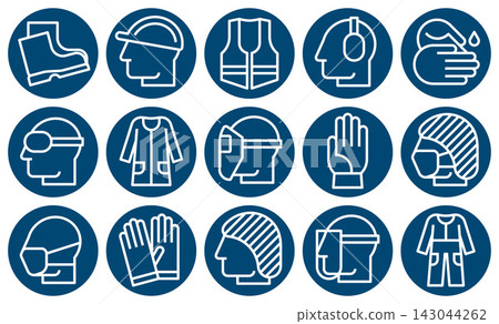 Mandatory sign set, Protective workwear icons, Safety work equipment and protective clothing, PPE pictogram set Mandatory sign set, Protective workwear icons, Safety work equipment and protective clothing, PPE pictogram set 143044262