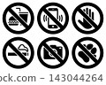 No eating and drinks allowed, No cell phone zone, Do not touch, No smoking, No photography, No pets sign, stop, ban or prohibited icon set for public safety notices. 143044264