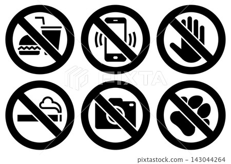 No eating and drinks allowed, No cell phone zone, Do not touch, No smoking, No photography, No pets sign, stop, ban or prohibited icon set for public safety notices. No eating and drinks allowed, No cell phone zone, Do not touch, No smoking, No photography, No pets sign, stop, ban or prohibited icon set for public safety notices. 143044264