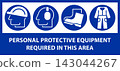 PPE required in this area. Construction safety labels, Protective workwear required icons, Safety work equipment and protective clothing 143044267