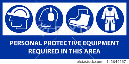 PPE required in this area. Construction safety labels, Protective workwear required icons, Safety work equipment and protective clothing PPE required in this area. Construction safety labels, Protective workwear required icons, Safety work equipment and protective clothing 143044267