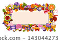 Cute frame with cartoon illustrations of various sweets of lollipops, gums, caramel, marmalade, candy canes, wrapped candy, chocolate, jelly fruit candies, cupcake, marshmallow around blank spaces. 143044273