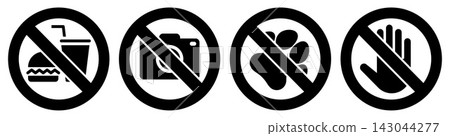 No eating and drinks allowed, No photography, No pets, Do not touch sign set, stop, ban or prohibited icon set for public safety notices. No eating and drinks allowed, No photography, No pets, Do not touch sign set, stop, ban or prohibited icon set for public safety notices. 143044277