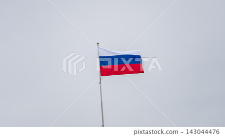Russian tricolor flag waving in the wind against a blue sky. Fieldbird sits on a branch in spring with a blurred background. Russian tricolor flag waving in the wind against a blue sky. Fieldbird sits on a branch in spring with a blurred background. 143044476