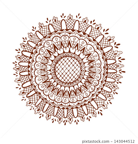 Brown henna tattoo mehndi round ornament design. Hand drawn graphic vector mandala Indian illustration. For decoration, studio design, wedding invitation, cards, packaging Brown henna tattoo mehndi round ornament design. Hand drawn graphic vector mandala Indian illustration. For decoration, studio design, wedding invitation, cards, packaging 143044512