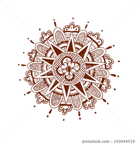 Mehndi henna tattoo brown circle ornament design. Hand drawn graphic vector round mandala illustration with floral motifs. Template for packaging design, wedding invitation 143044519