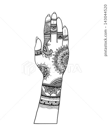 Female heavily tattooed arm with henna. Palm hand with mehndi ornament tattoo. Graphic pattern design. Hand drawn vector line art illustration for packaging, decoration Female heavily tattooed arm with henna. Palm hand with mehndi ornament tattoo. Graphic pattern design. Hand drawn vector line art illustration for packaging, decoration 143044520