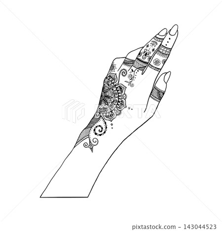 Female hand with decorated henna tattoo mehndi ornament. Graphic pattern design. Vector hand drawn line art illustration. For design tube packaging, wedding invitation, cards Female hand with decorated henna tattoo mehndi ornament. Graphic pattern design. Vector hand drawn line art illustration. For design tube packaging, wedding invitation, cards 143044523