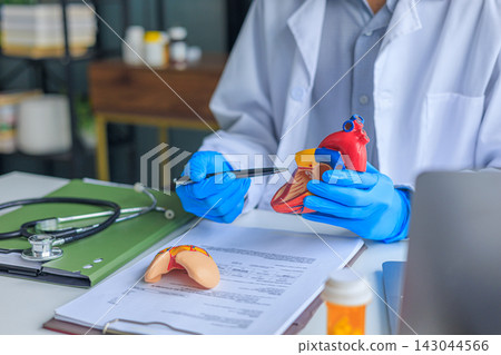 Cardiologist holding an anatomical human heart model during patient consultation Cardiologist holding an anatomical human heart model during patient consultation 143044566