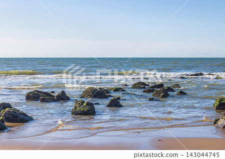 Coastal expanse with clear skies, sunlit sea waves, and barnacle-covered rocks on a serene sandy beach during daytime. Ostend, a coastal city in Belgium, Europe. 143044745