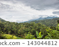 Lush Tropical Mountains and Valleys Under a Dramatic Clouded Sky, Vibrant Green Foliage Landscape View. Mountain landscape near Ella town in Sri Lanka island in Asia. 143044812