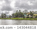 Serene Lakeside View of a Hillside Town with Lush Greenery and Overcast Skies, Reflecting Tranquility and Urban Nature Harmony. Nuwara Eliya town in Sri Lanka. 143044818