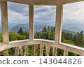 View from Ambuluwawa Tower, multi-religious temple complex located in Gampola, in Sri Lanka. Panoramic Mountain Vista from Concrete Viewpoint on Overcast Day with Lush Forest 143044826