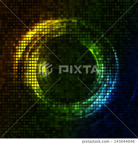 Colorful neon glowing circles with squares halftone abstract technology background Colorful neon glowing circles with squares halftone abstract technology background 143044846