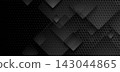 Black perforated metallic texture with glossy transparent squares, abstract background 143044865
