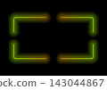 Abstract neon light corner frame with green and orange glowing lines on black background 143044867