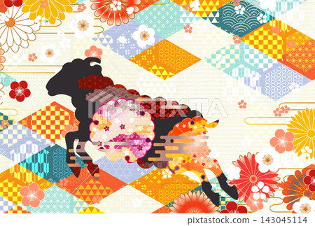 A gorgeous design featuring traditional Japanese patterns and silhouettes of leaping animals adorned with flowers. A gorgeous design featuring traditional Japanese patterns and silhouettes of leaping animals adorned with flowers. 143045114